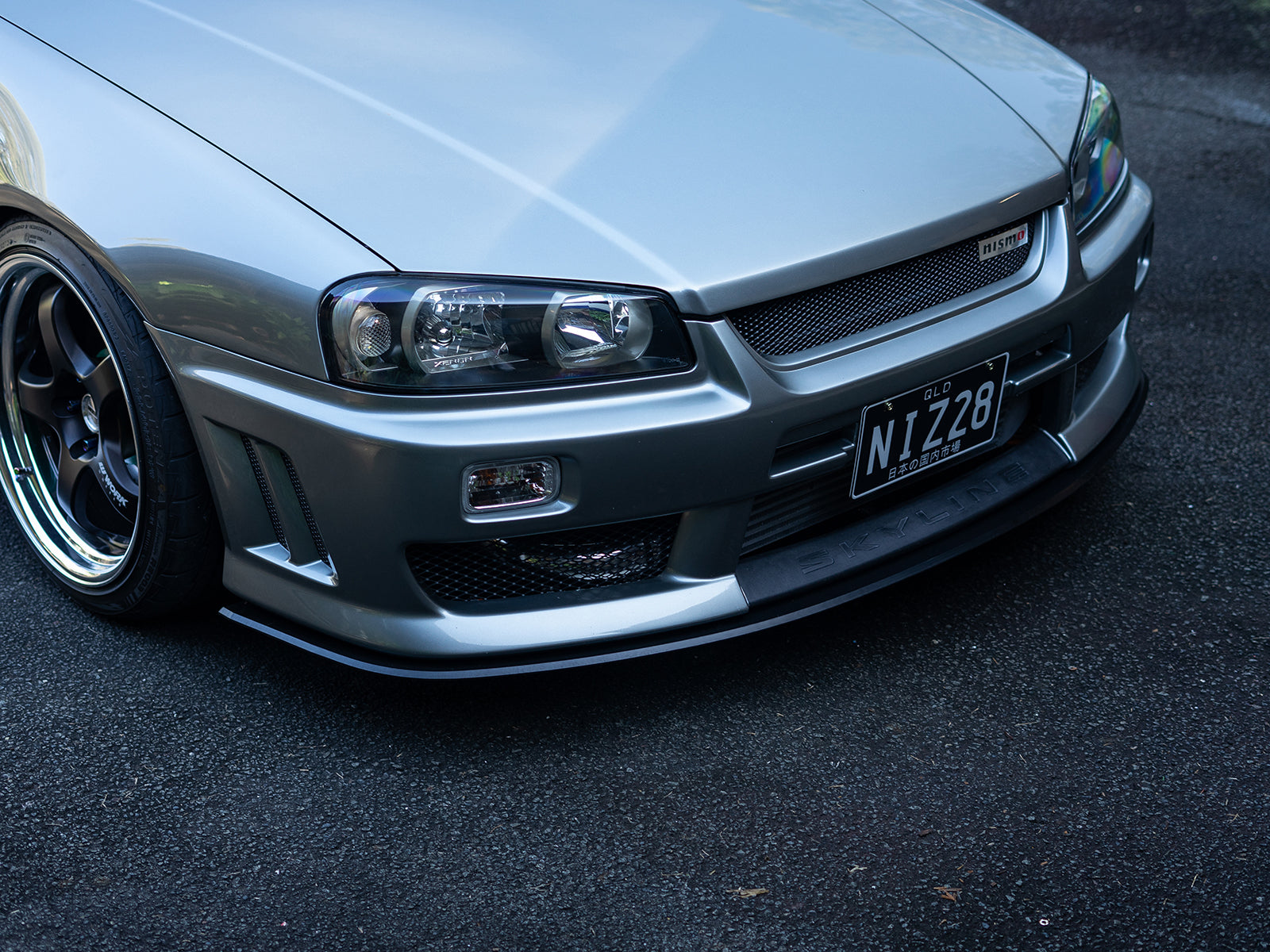Project Aero front splitter for R34 Skyline, showcasing design contours and fitment detail